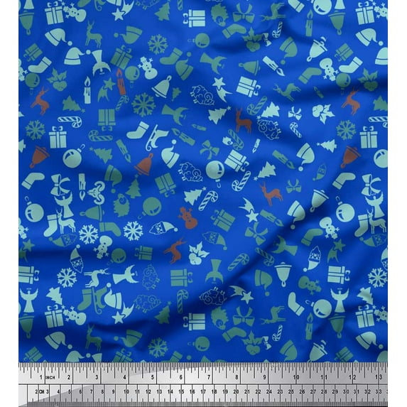 Soimoi Satin Silk Fabric Santa Cap,Gift Box & Bell Christmas Print Fabric by Yard 42 Inch Wide