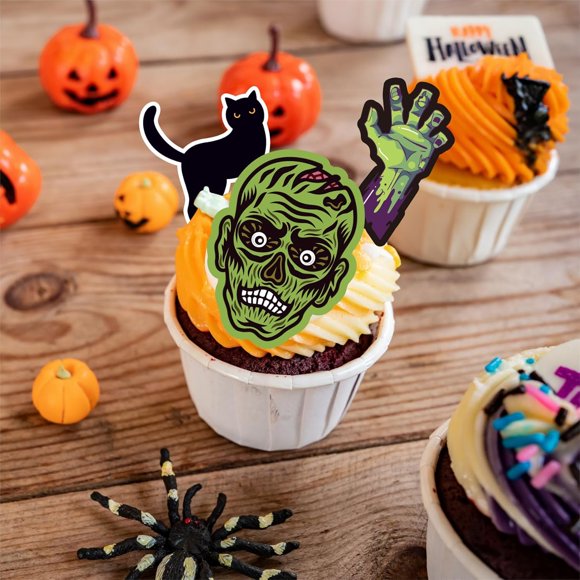 Halloween Cupcake Toppers, 50 Pieces Edible Cake Decorations with Pumpkins, Skeletons, Spiders, Ghosts for Party Desserts