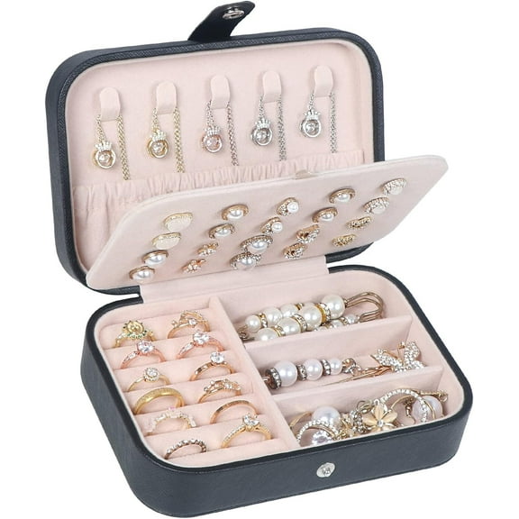 Travel Jewelry Box, PU Leather Small Jewelry Organizer for Women Girls, Portable Mini Travel Case Display Storage Holder Boxes for Stud Earrings, Rings, Necklaces, Bracelets (Black)