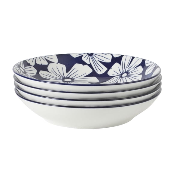 Gibson Home Heritage Sky 4-Piece Pasta Bowl Set, 8 Inch Round Stoneware Bowls, Blue & White Floral Design, Decorative Everyday Use