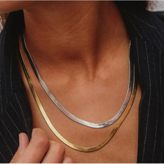 Silver And Goldtone Herring Bone Necklace Set