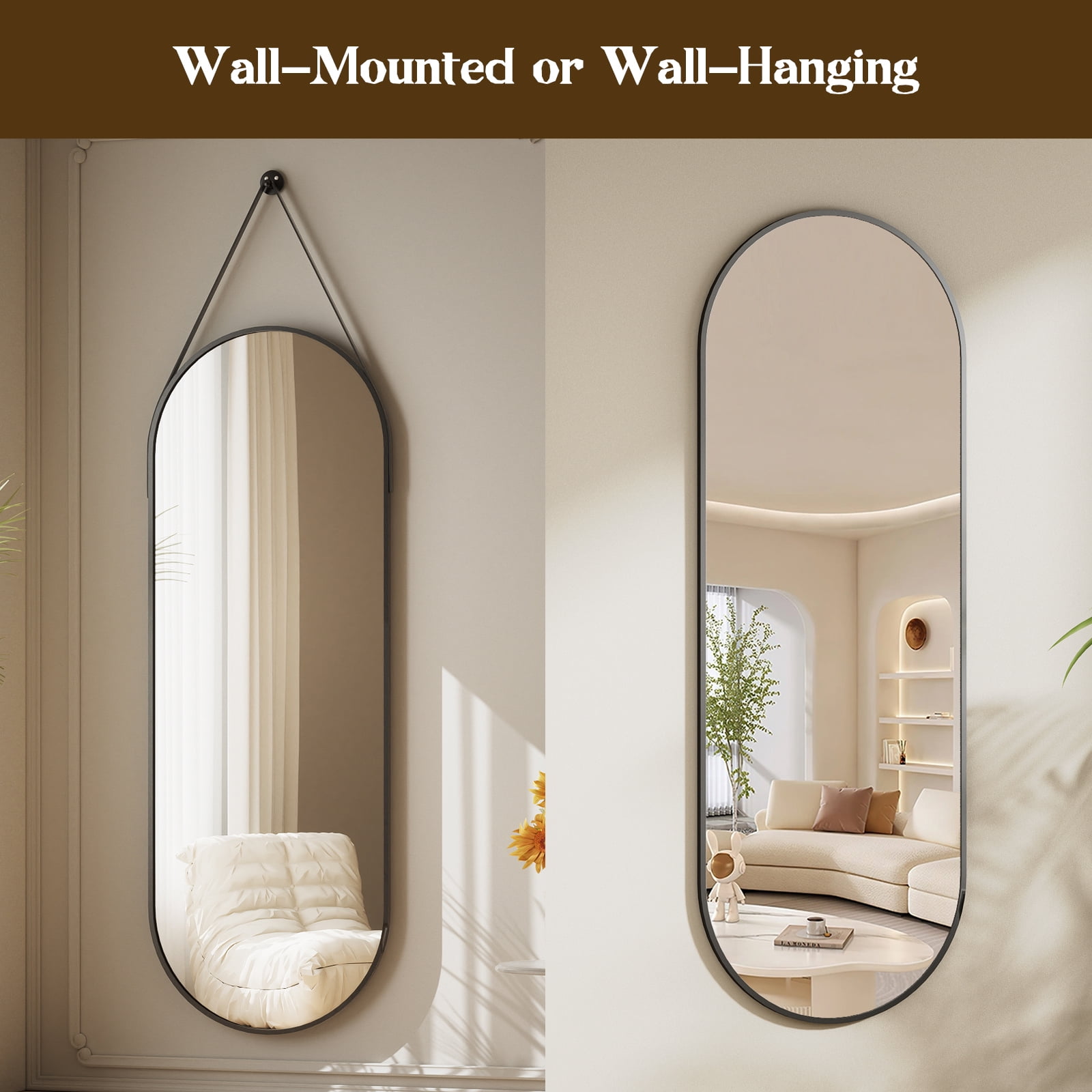 Easy4Home 48"x16" Oval Wall Mirror Full Length Mirror with Leather Hanging Strap, Black
