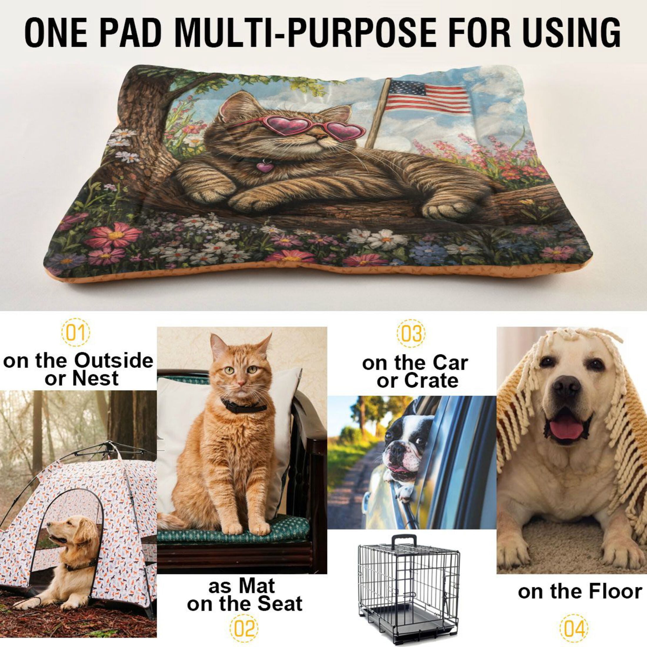 Qxltty American Flag Flower Cat Ped Pad Wear-resistant and Hard to Bite Through Sleeping Pad for Small Medium Large Dogs Winter Pet Bed 36×24in