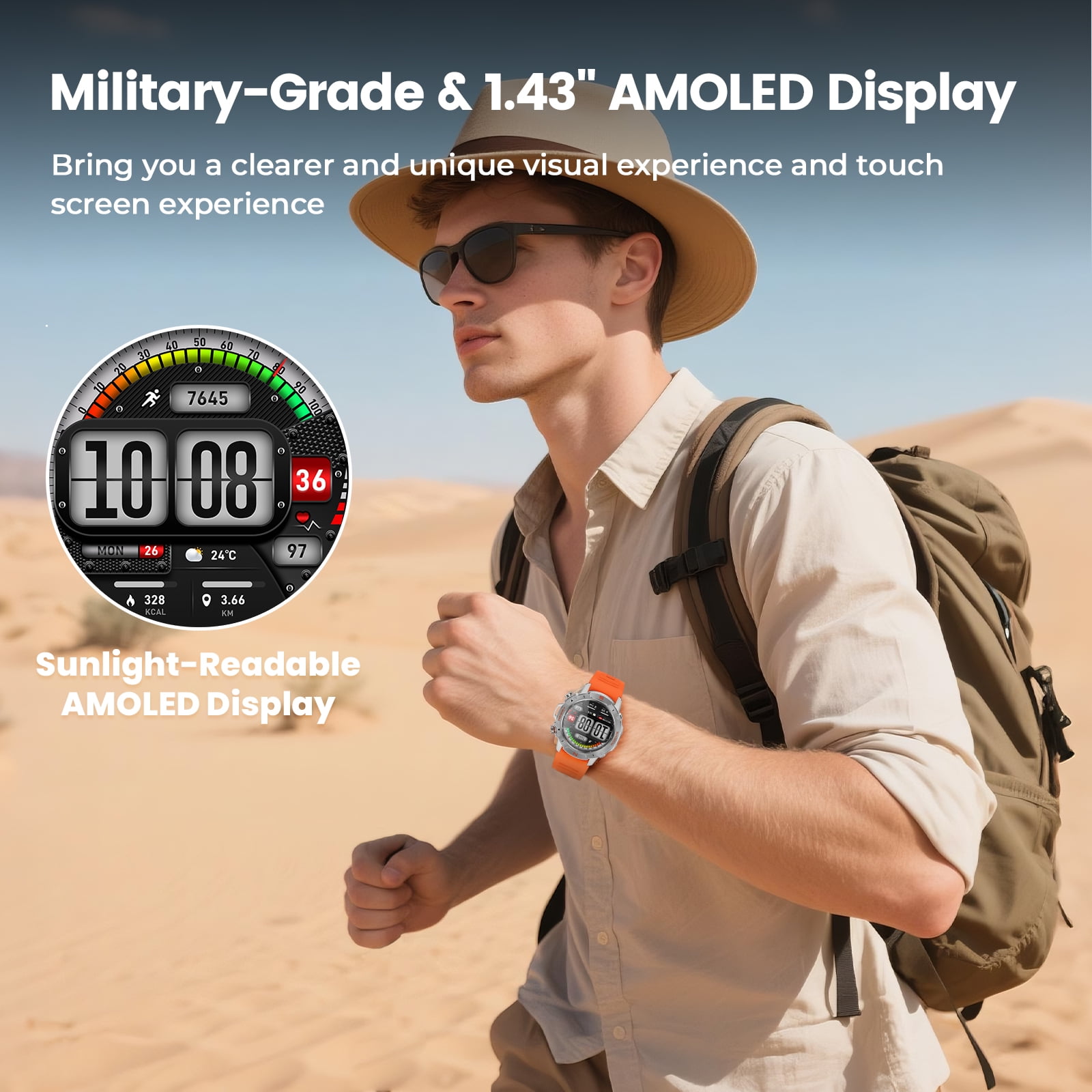 WalkerFit Smart Watch for Men, 1.43" Round AMOLED, 5ATM Waterproof, Long Battery, for iPhone Android
