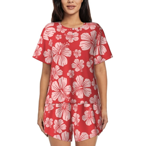 Fotbe Red Hibiscus Flower Conjunto de Pijama Estampado para Mujer, 2 Piezas, Ropa de Dormir con Camiseta de Manga Corta y Shorts Suaves-Large