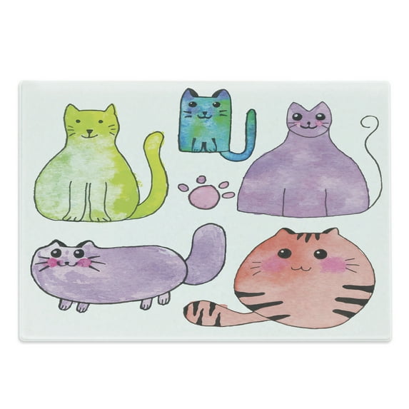 Kitten Cutting Board, Hand Drawn Colorful Cartoon Style Print Domestic Cats Pets Paws in Watercolors, Decorative Tempered Glass Cutting and Serving Board, Large Size, Multicolor, by Ambesonne