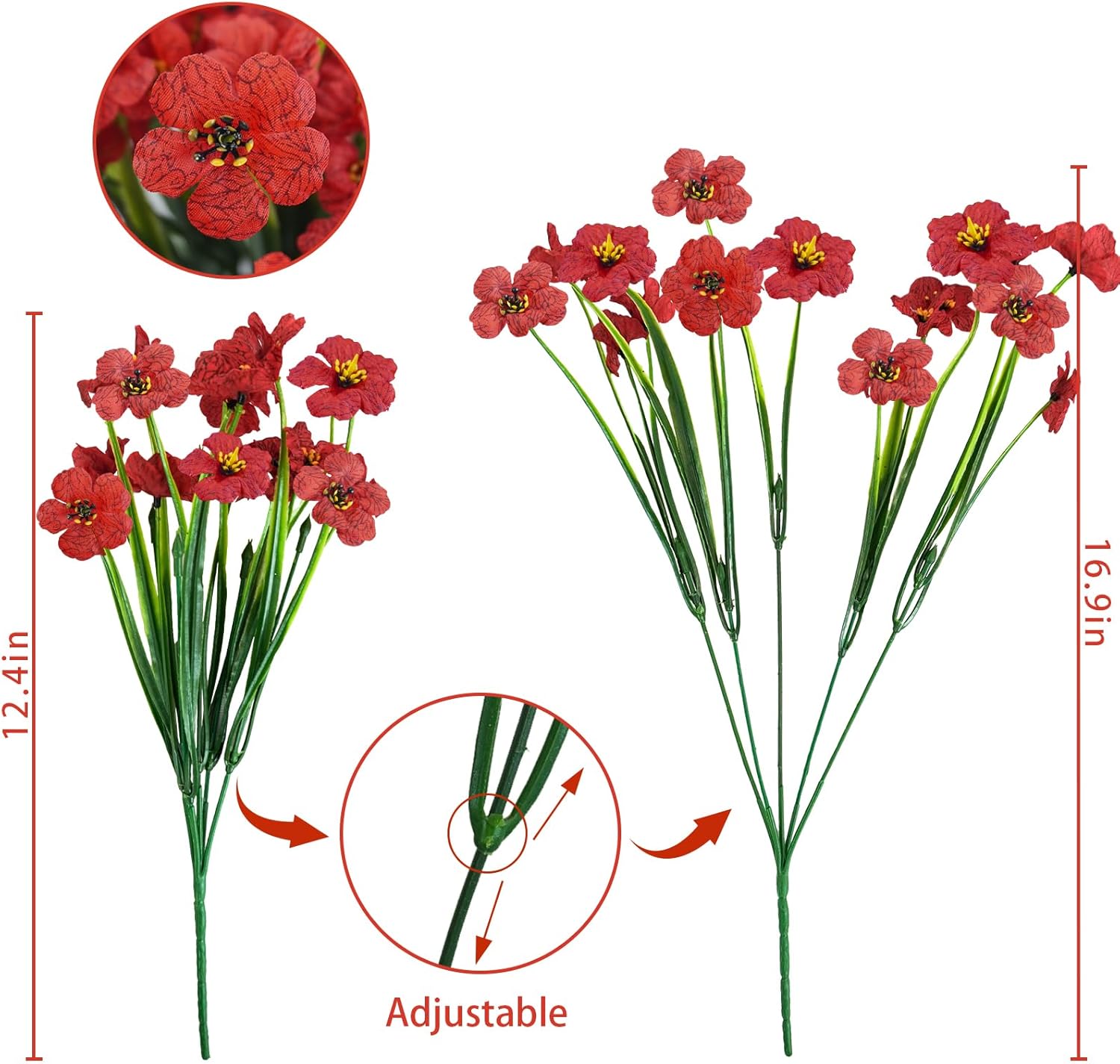 10 Bundles Outdoor Artificial Flowers UV Resistant Fake Silk Flowers Faux Plastic Plants Outside Garden Porch Window Box Summer Decoration (Red)
