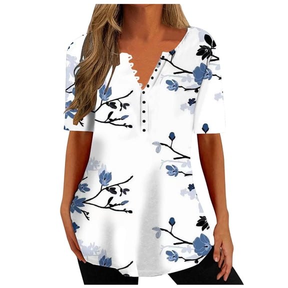 Penkiiy Women's Short Sleeve Tops Scoop Neck Pleated Blouse Printed Button Up Tunic L Navy