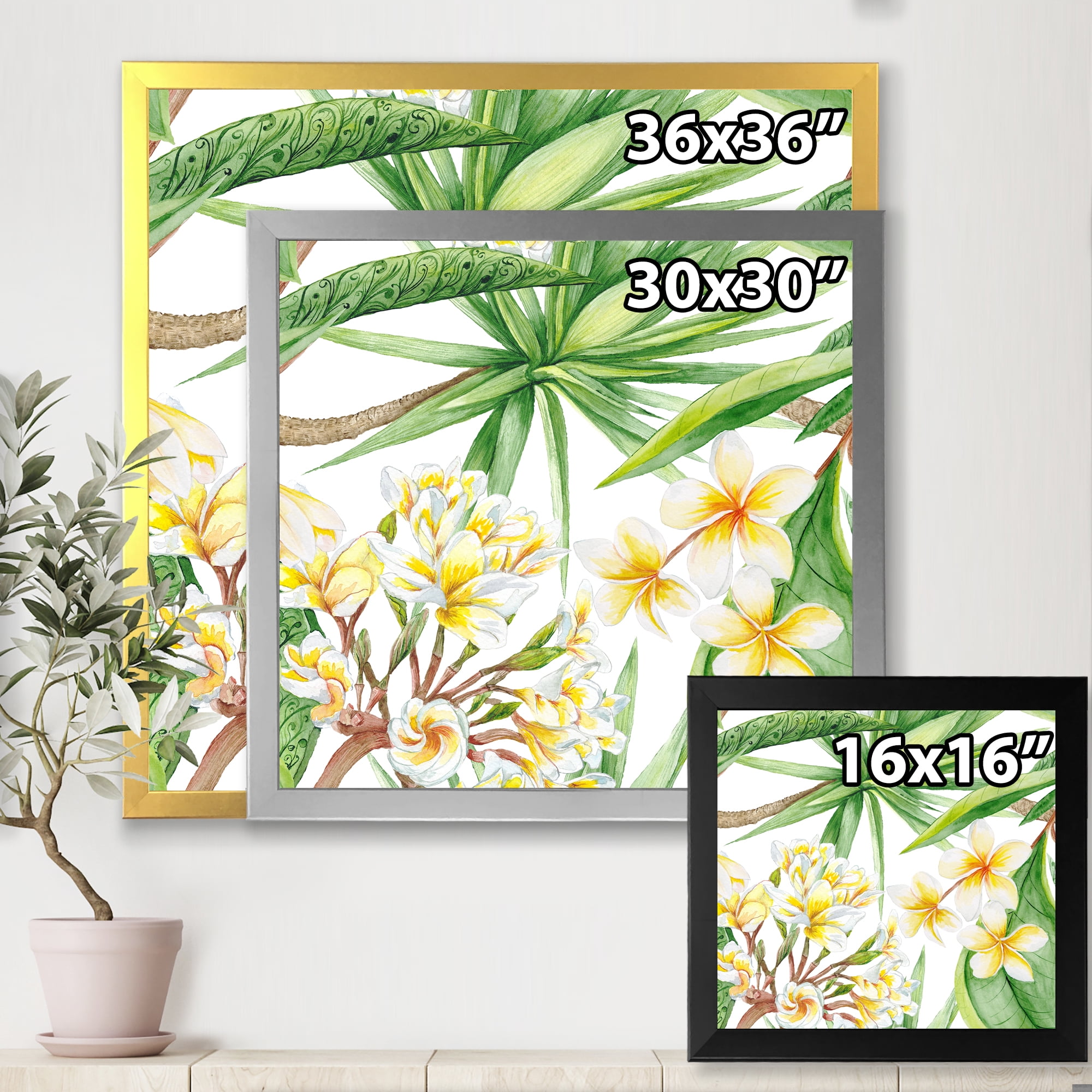 Designart 'Yellow Flowers and Tropical Foliage I' Modern Framed Art Print