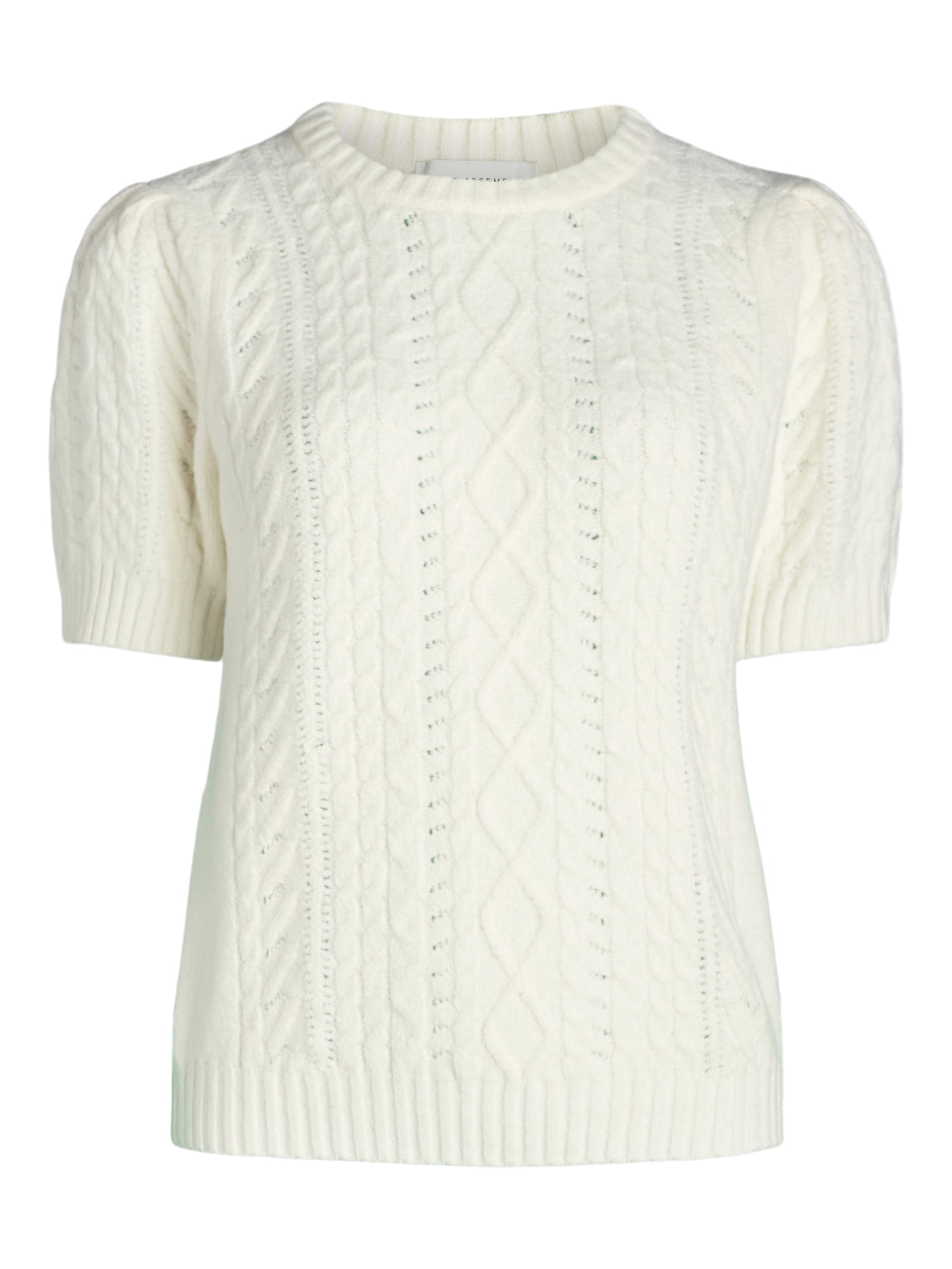 Free Assembly Women's Cable Knit Sweater with Short Puff Sleeves, Sizes XS-XXL