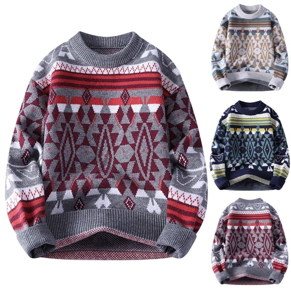 Miluxas Mens Vintage Sweater Grandpa Oversized Cable Knit Crewneck Pullovers Casual Long Sleeve Striped Sweater Navy