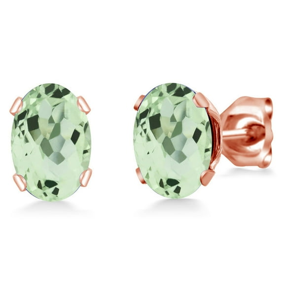 Gem Stone King 1.50 Ct Oval 7x5mm Green Prasiolite Brass Rose Gold Plated Brass Stud Earrings for Women Men