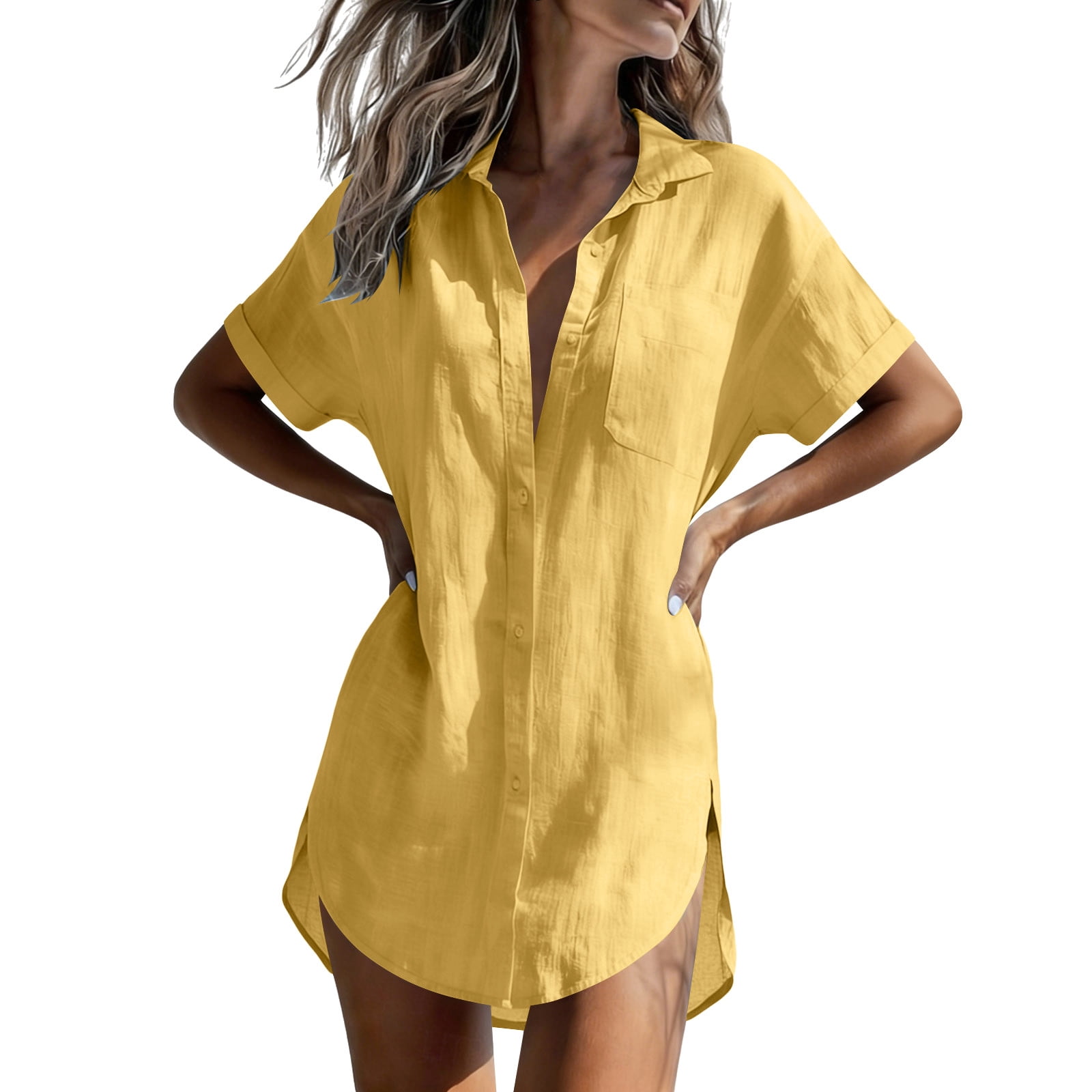 トップス GAUZEJERSEYDOUBLESLEEVETOPFUMIKAUCHIDA Moxiu Womens Gauze Tops Summer Collared Short Sleeve Side Split