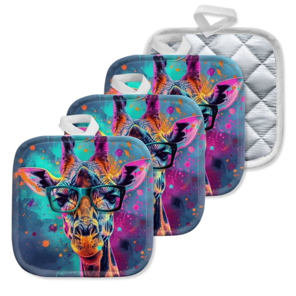4 Pack Pot Holders,Kitchen Essential, Potholder Set,Fashion Forward Giraffe With Colorful Glasses