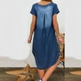 thumbnail image 4 of Pisexur Robe Chemise en Denim pour Femmes Été à Manches Courtes Robe en Jean Usée Unie à Col en V Ourlet Haut-Bas Chandail Tunique Décontractée, 4 of 6
