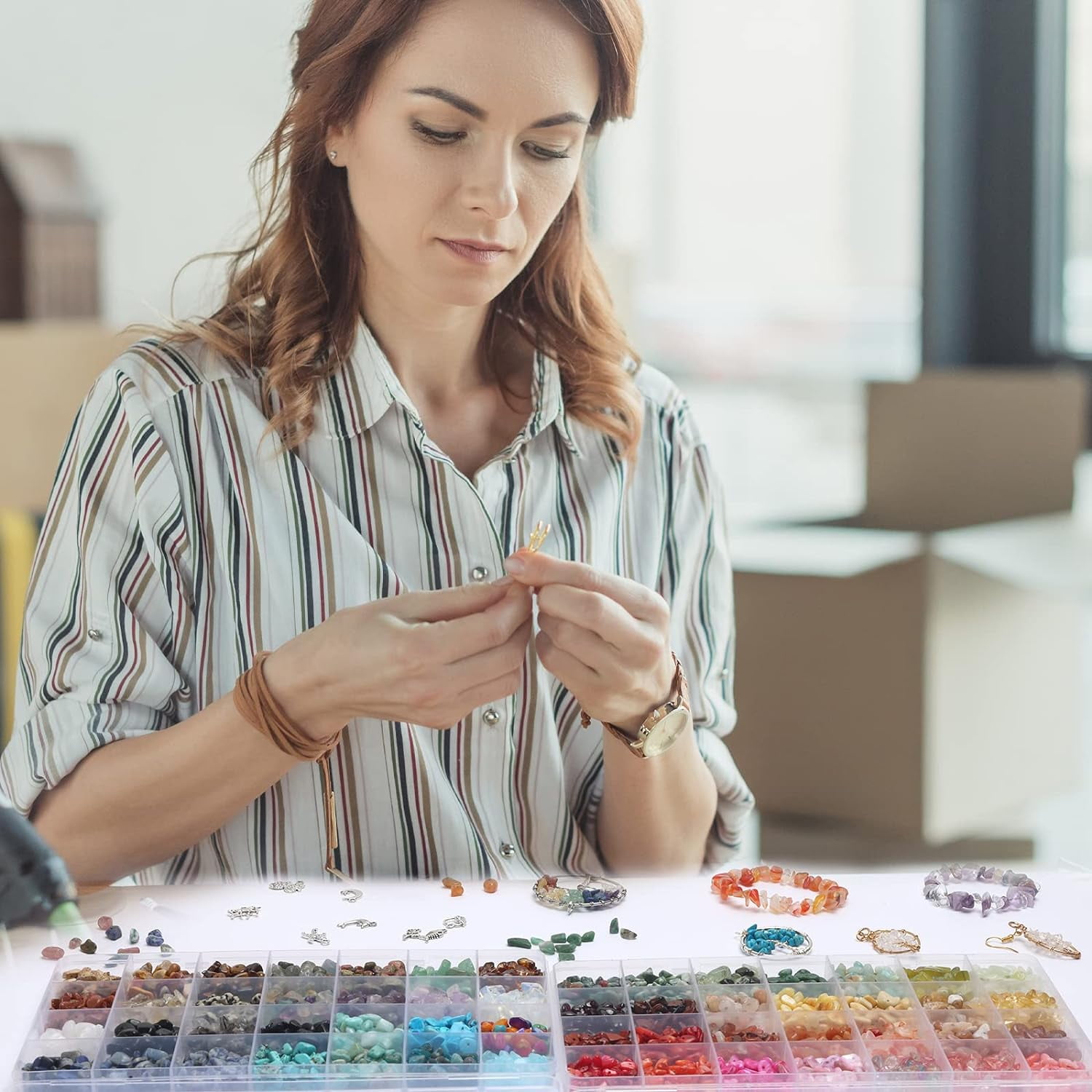 1800pcs 56 Colors Crystal Beads, Ring Making Kit, Gemstone Chip Beads Irregular Natural Stone with Jewelry Making Supplies for DIY Craft Bracelet Necklace Earrings, Craft Gifts