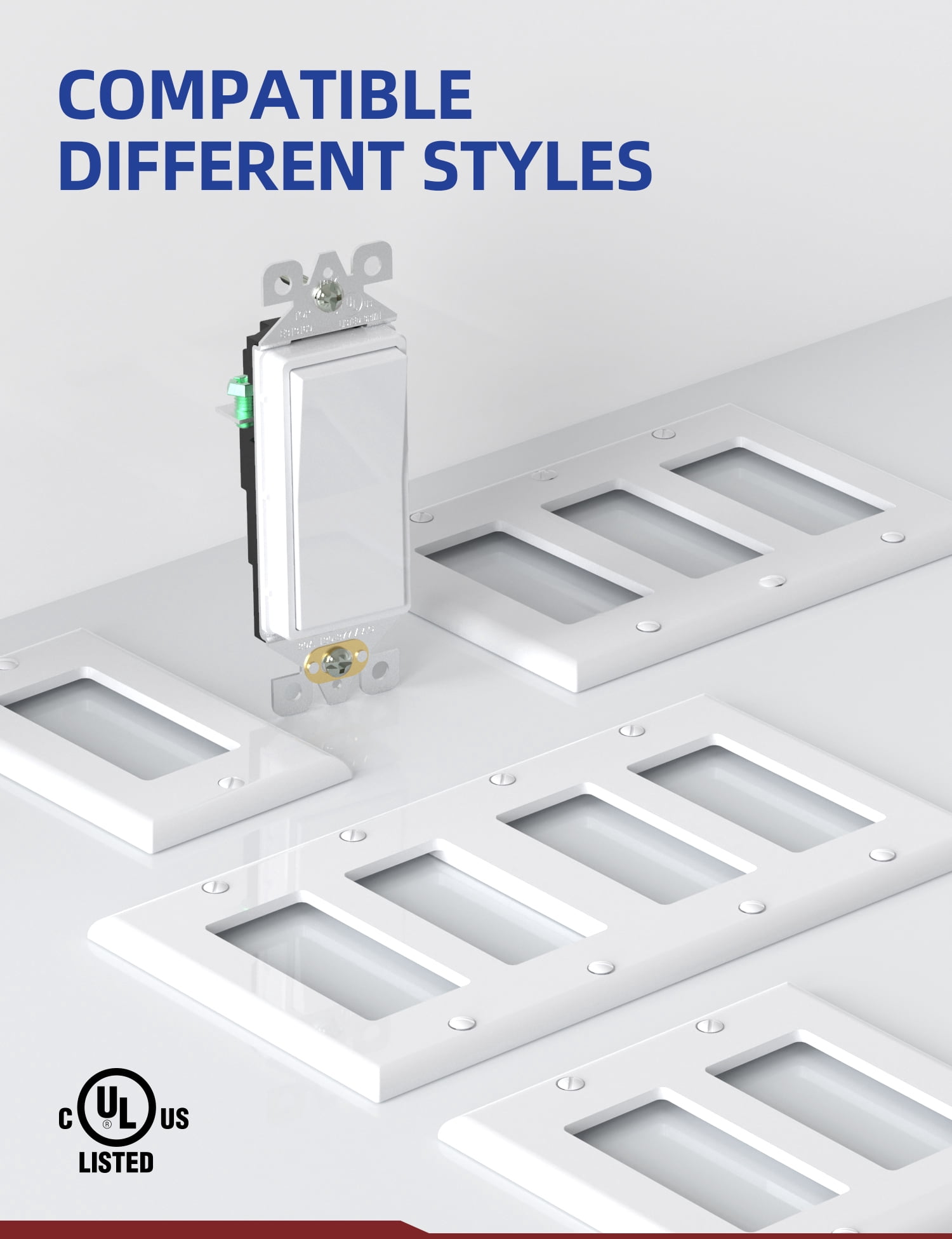 AIDA 3 Way Rocker Decorator Paddle Light Switch, Single Pole or Three Way, 3 Wire, Self-Grounding Screw, Residential Grade, 15A, UL Listed, Quick Push-in & Side Wired, White (10 Pack)