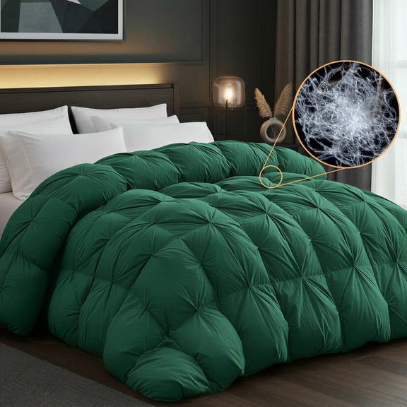 Pinch Pleat Goose Feather Down Comforter Queen Size, Hypoallergenic & Breathable Medium Warmth for All Season Duvet Insert (90x90", Dark Green)