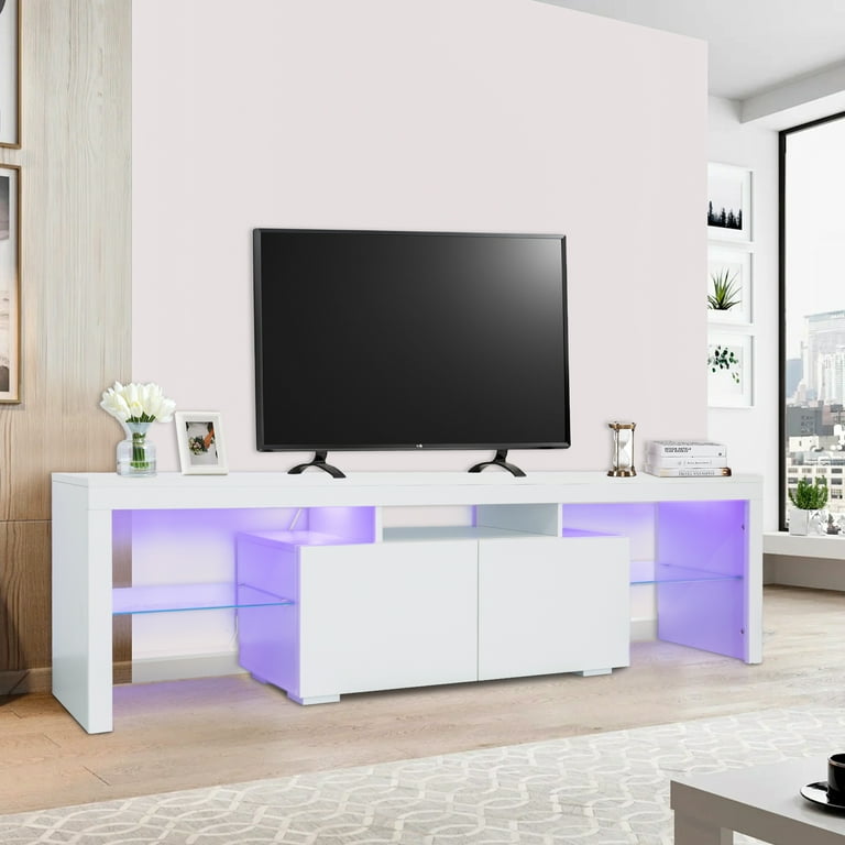 Superjoe TV Stand Modern Entertainment Center with Color Changing LED Light Wood TV Console for TV up to 70 inch White Painting