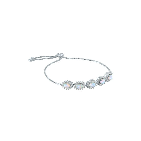 Ladies Brilliance Fine Jewelry Sterling Silver Plated Simulated Opal and CZ Adjustable Bracelet