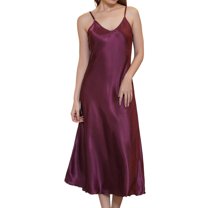 Defitshape Women's Satin Sleep Dress Deep V Neck Silk Nightgown Long Pajama Dresses Sexy Spaghetti Strap Sleeveless Chemises Tea Length Sleepwear Summer Lingries Purple Burgundy X-Large