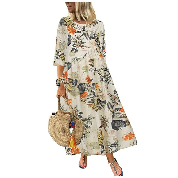 Womens 3/11 Sleeve Boho Casual Cotton Linen Floral Kaftan Long Maxi Dress