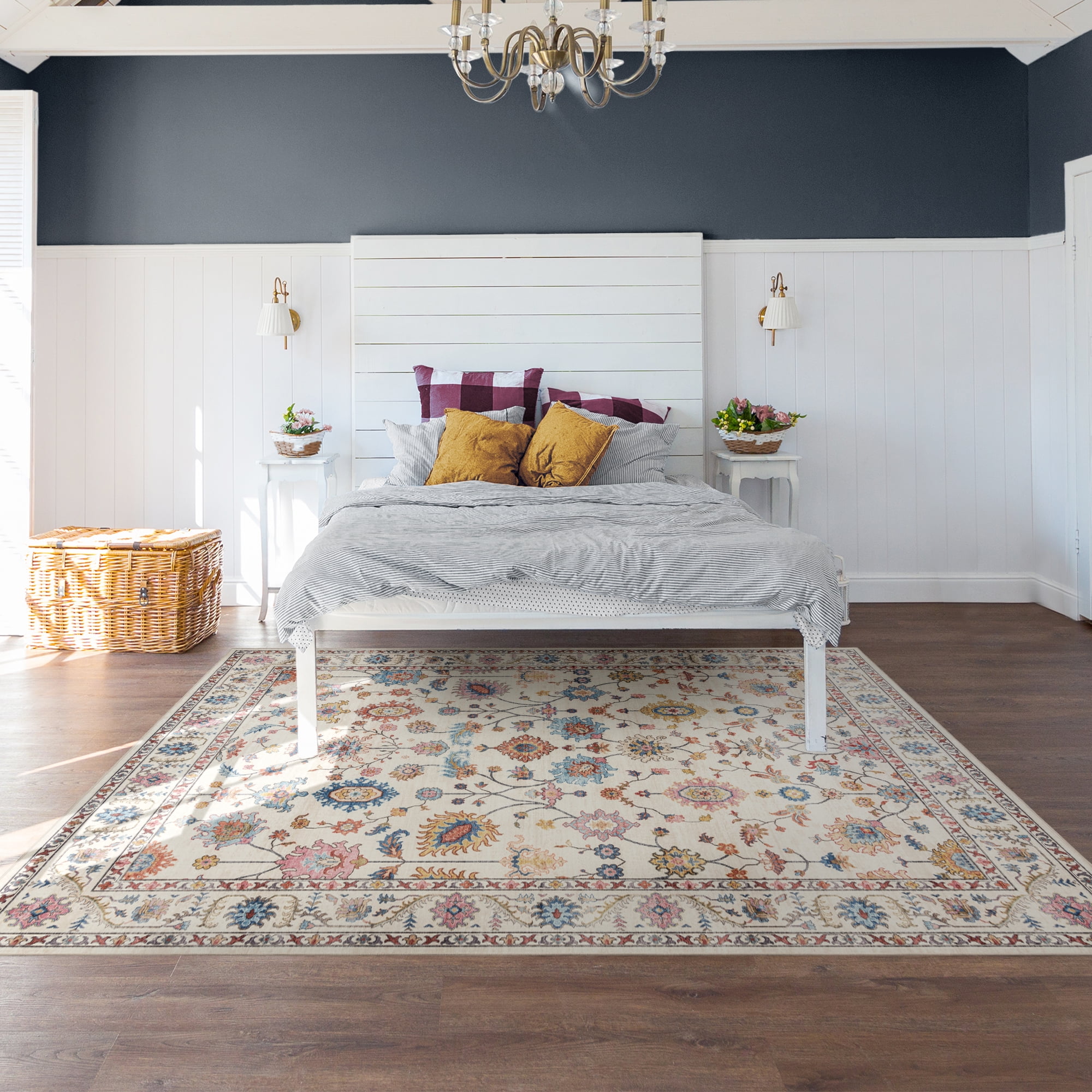 Crystal Print Cullen Traditional Oriental Cream Multi Washable Indoor Area Rug, 3x5