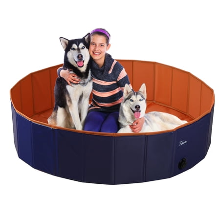 Fuloon Foldable Dog Swimming Pool Blue Orange Portable Hard PVC Bathtub for Pet (XL Size)