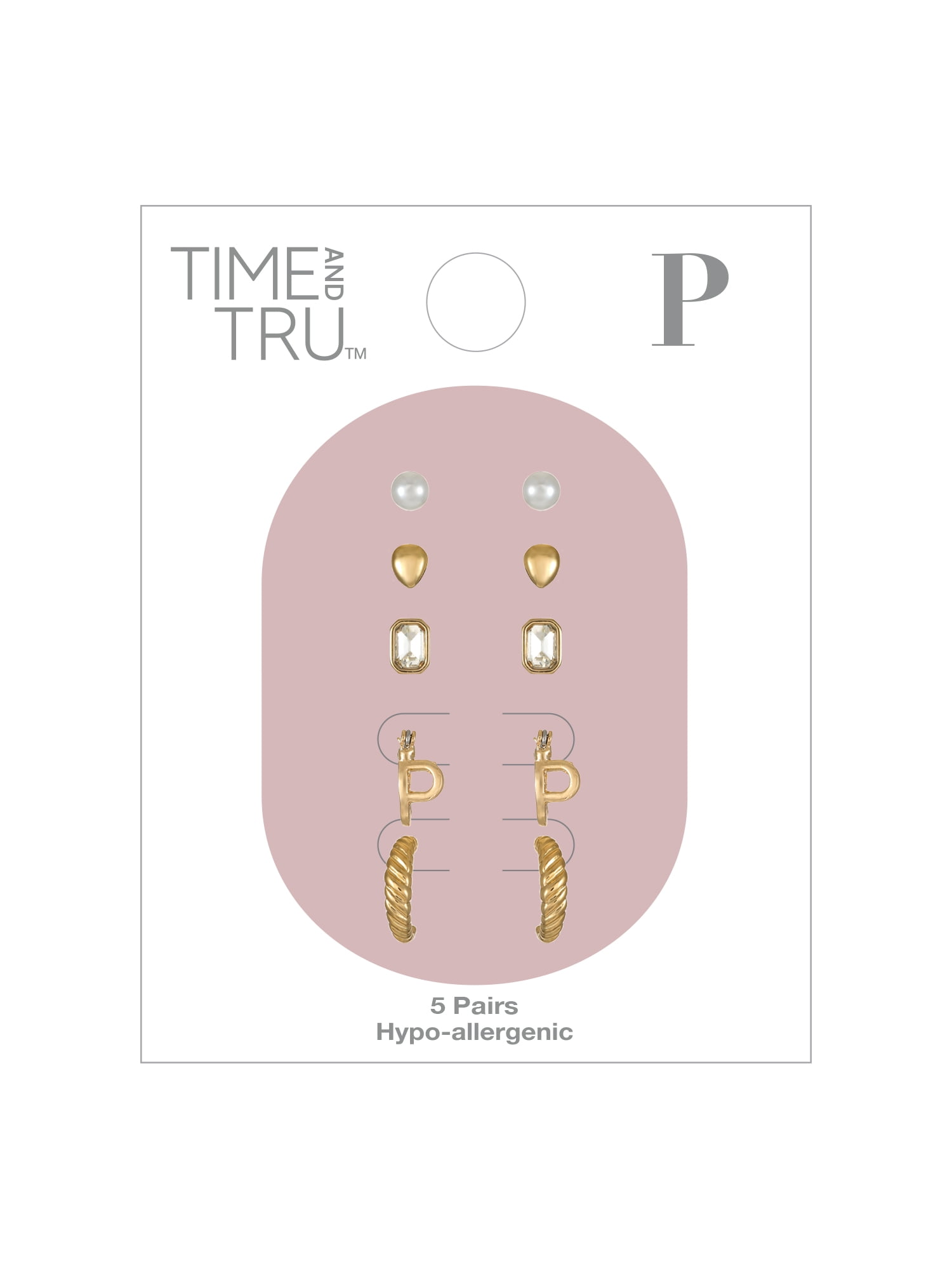 Time and Tru Goldtone Multi Earring Set, 5 Pairs, Initial P