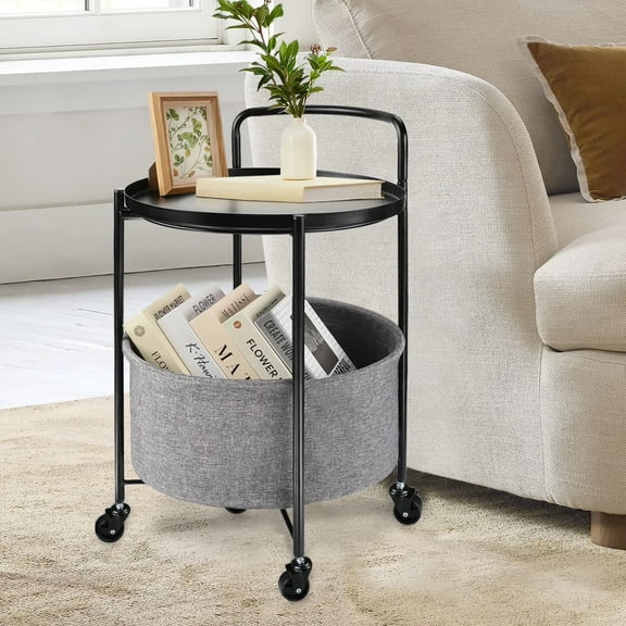 CERBIOR Rolling Round Metal Side Table,2-Tier Storage Side Table with Wheels,End Coffee Table with Steel Frame and Fabric Storage Basket,Cart Side Table Tray for Living Room,Bedroom, BLACK