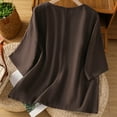 thumbnail image 4 of Htigea Cotton Linen 3/4 Sleeve Shirts for Women Casual Crewneck Basic Tees Loose Pullover Solid Tops Coffee,2XL, 4 of 5