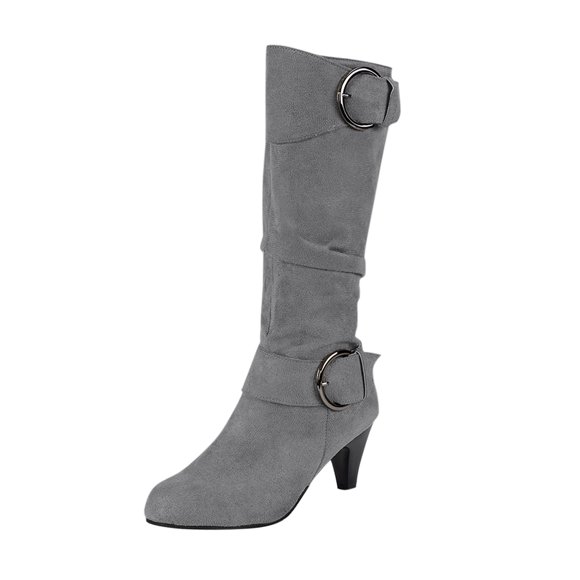 YOUSNH Women's Autumn And Winter Fashion Suede Fine Heel Solid Color Mid Calf Boots Temperament Comfortable Boots Women Boots Grey 8