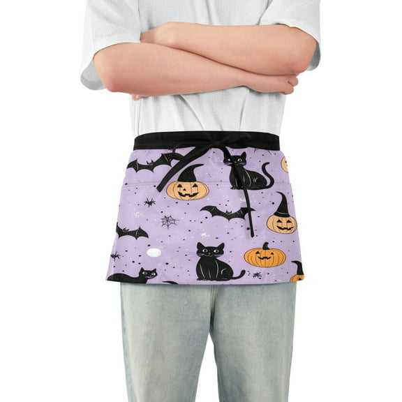 Yayeee Waist Apron with Pockets for Cooking Waterproof Half Server Aprons, Light Purple Halloween Black Cat
