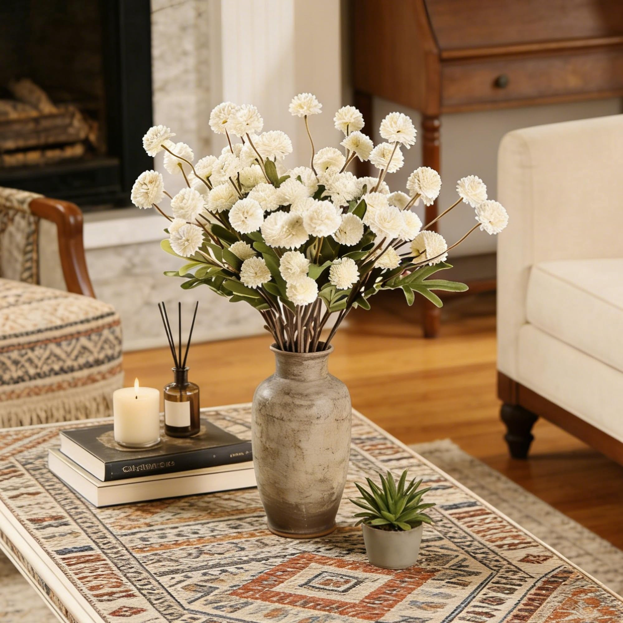 Beige Fake Flowers Long Stem 10PCS, Artificial Flowers Silk Mini Chrysanthemums for Vase, Fake Pompon Mums Vintage Dried Faux Decorative for Home Centerpieces Farmhouse