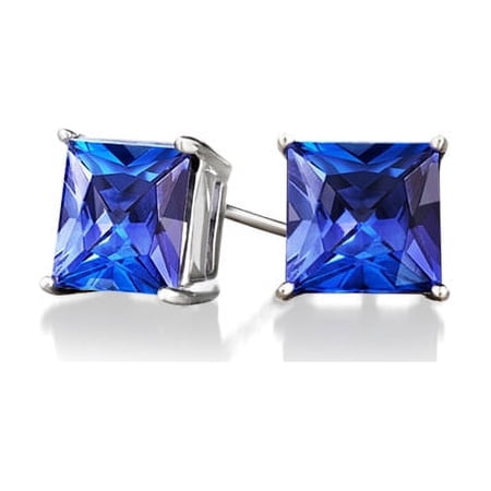 Paris Jewelry Square Created Tanzanite Stud Earrings, 2 Ct, 24K White Gold Jewelry for Women Men plated