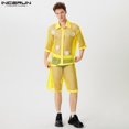 thumbnail image 2 of INCERUN 2024 Conjuntos de moda sexys para hombre, camisa de manga corta con decoración de flores huecas de malla, pantalones cortos, ropa de club informal, conjuntos de dos piezas S-5XL, 2 of 5