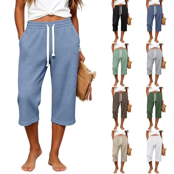 BUIGTTKLOP Capris for Women with Pockets Elastic Waist Drawstring Capri Pants Casual Wide Leg Cropped Trousers