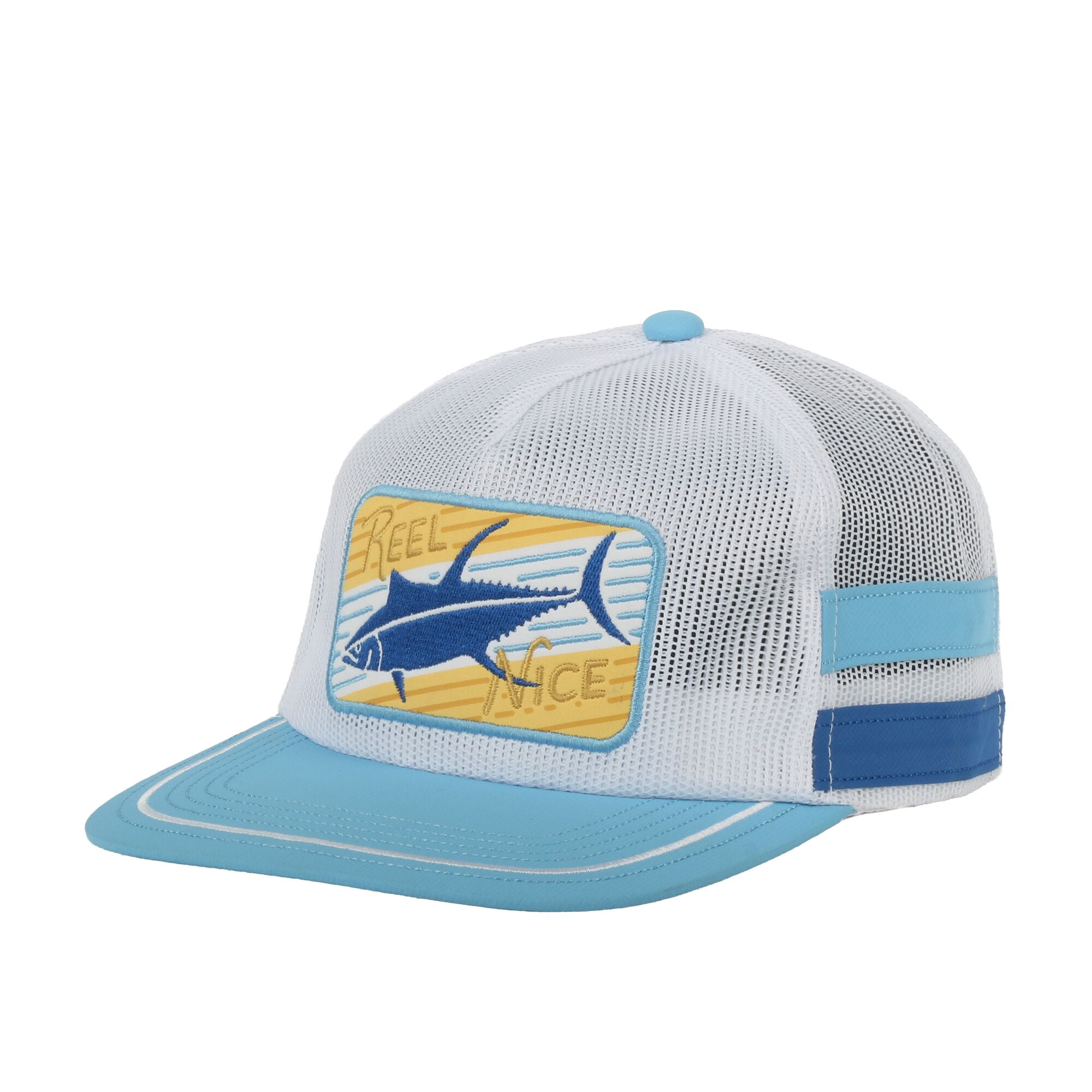 Outdoor Cap Reel Nice Fishing Patch Mesh Cap – Flat Bill Snapback, One Size, White/Blue