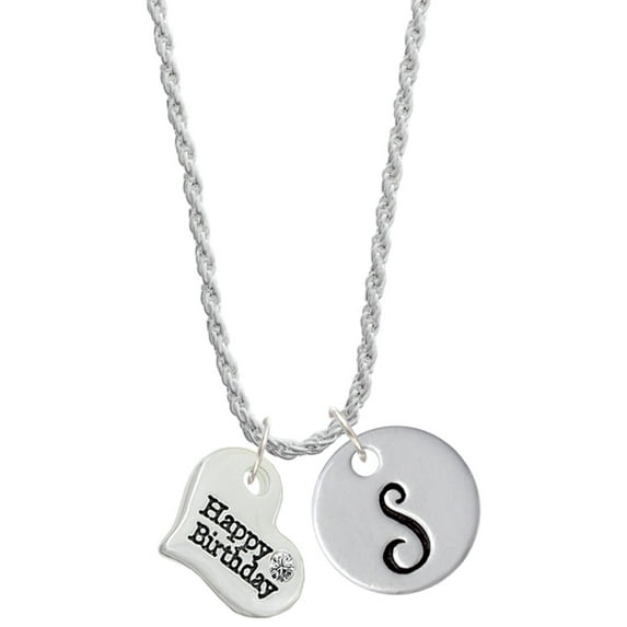 Delight Jewelry Silvertone Large Happy Birthday Heart Silvertone Script Initial Disc - S - Charm Necklace, 20"+3"
