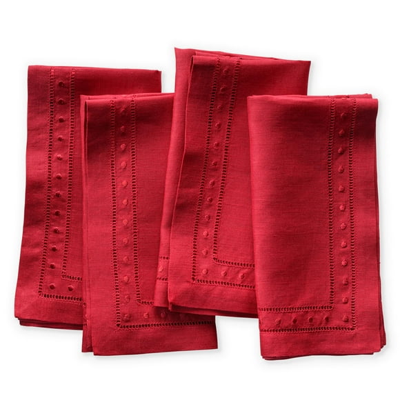 Linen Napkins Set of 4-100% Pure Linen Red Embroidered Dinner Napkins - Hemstitch Cloth Napkins Washable for 4th of July