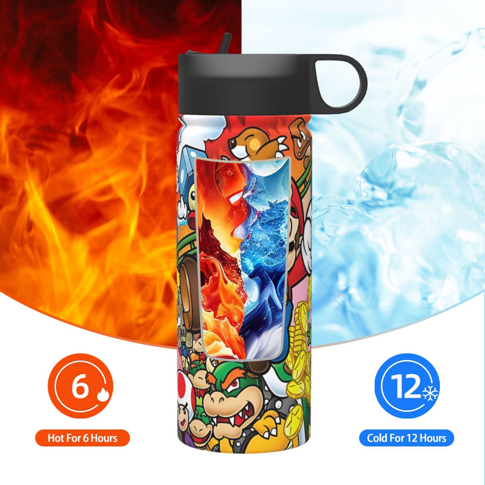 Super Mario Insulated Stainless Steel Wide Mouth Water Bottle With Flex Straw Lid For Kids Sports School And Travel 18oz Cute Thermos Reusable Leak Proof