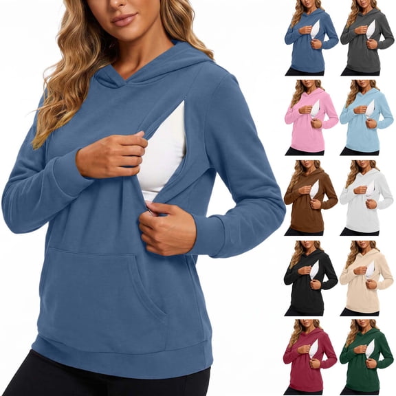 WAGUTH Maternity Nursing Hoodie for Women Long Sleeve Pullover Sweatshirt with Discreet Breastfeeding Zippers and Pocket for Fall Winter