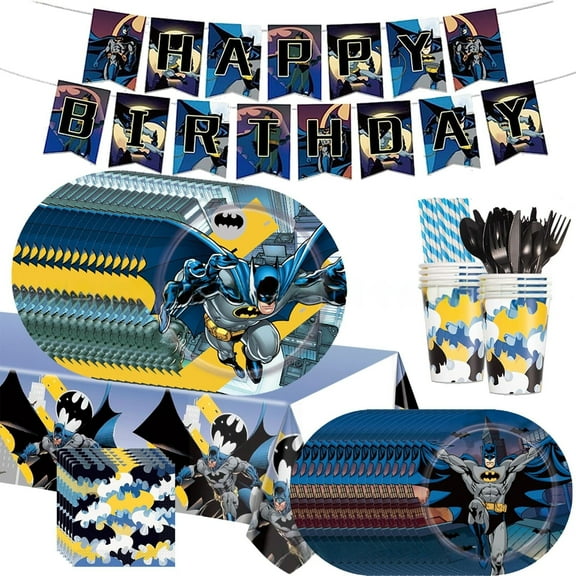 96 Pcs Batman Party Tableware Set, Birthday Party Supplies, Table Cover,Paper Plates, Napkins, Cups, Knives, Spoons and Forks