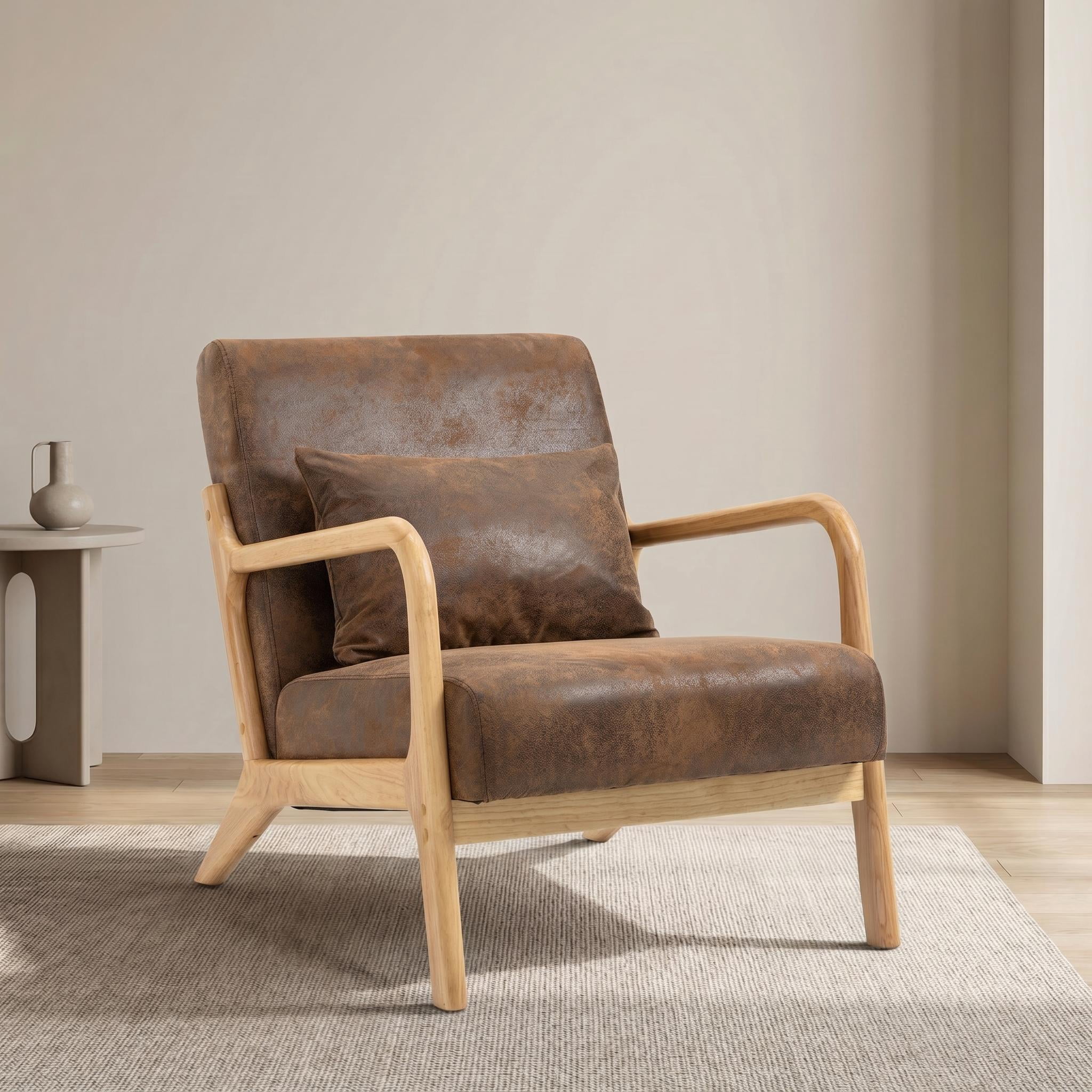 PAPROOS Mid-Century Modern Accent Chair, PU Leather Arm Chair with Wood Frame and Pillow, Upholstered Armchair Comfort Reading Chair Lounge Chair for Living Room Bedroom Sunroom, Brown