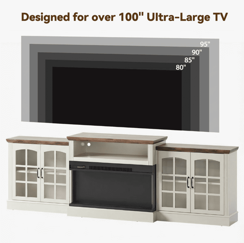 Easoger 97" TV Stand with Electric Fireplace, 3-Sided Glass Display Media Console for Over 100" TVs, Large Storage with Glass Doors & Shelves, LED Backlight, White + Light Walnut