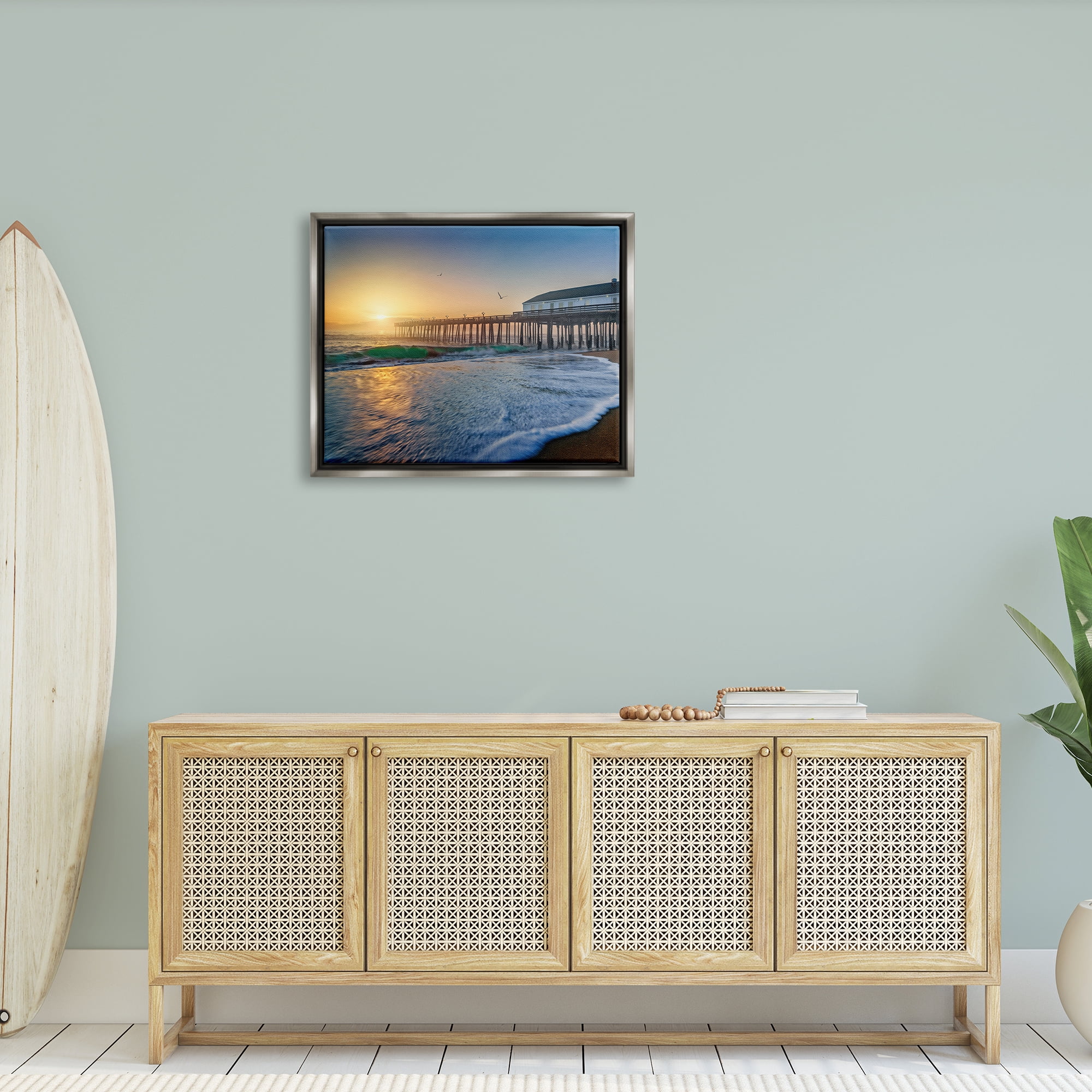 Stupell Sunlit Coastal Pier Ocean Foam Landscape Photography Gray Floater Framed Art Print Wall Art
