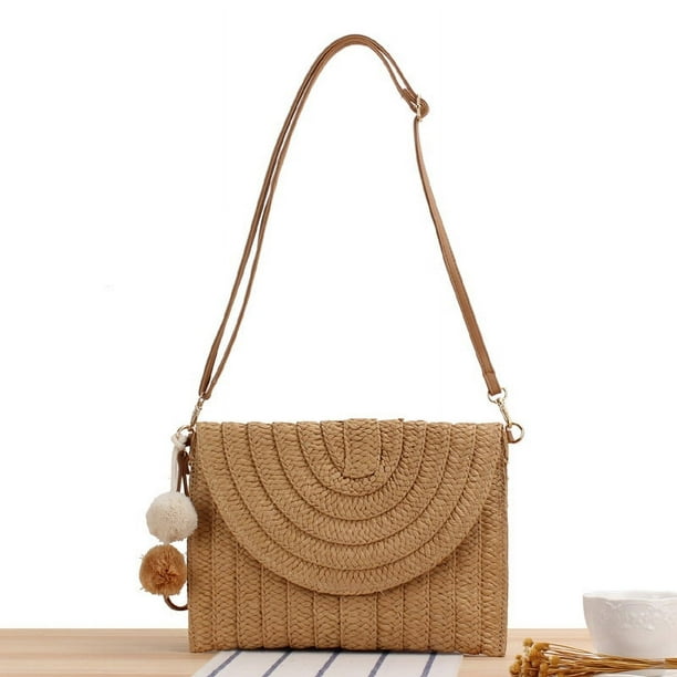Zhuge Bolso de mano de paja, bolso de mano de paja para mujer, bolso tipo sobre, cartera, bolso de playa tejido de verano (caqui)