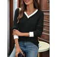 thumbnail image 4 of Women V Neck Color Block Long Sleeve Shirts-Casual Fall Light-Weight Tunic Sweaters Fashion Outfits Black S, 4 of 10