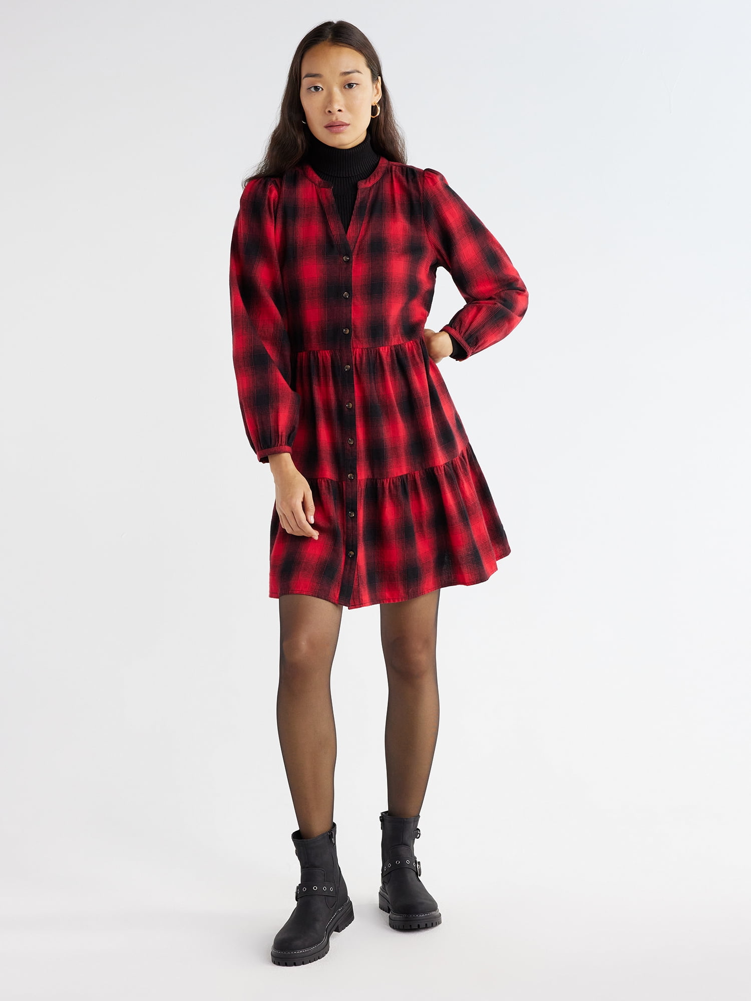 Time and Tru Women s Tiered Plaid Shirtdress with Puff Sleeves Sizes XS XXXL Walmart