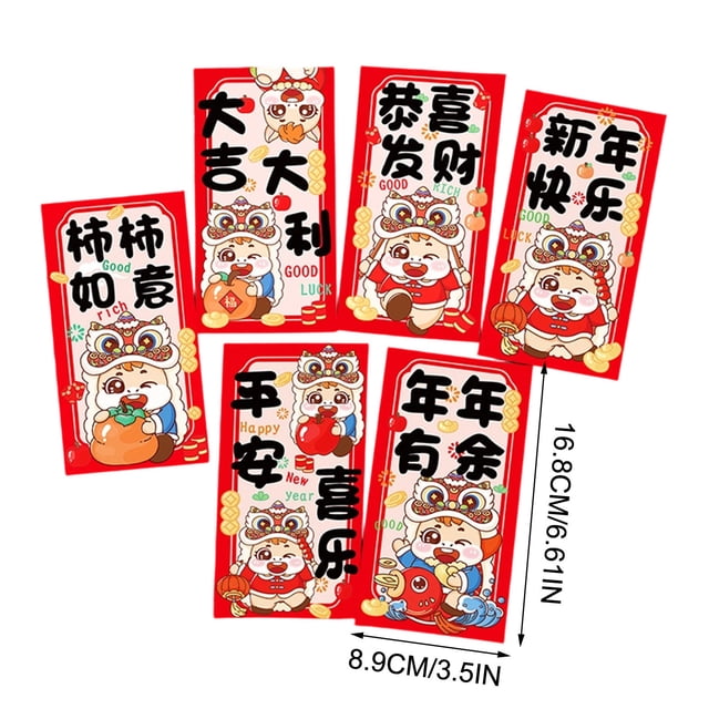 Ensemble de 6 Enveloppes Rouges pour le Festival du Printemps avec des Designs de Chevaux Porte-Bonheur dans un Schéma Classique de Couleurs Rouge et Or